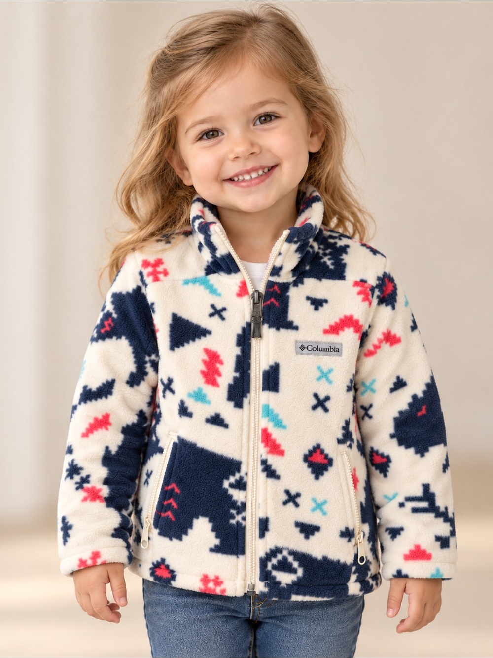Columbia Sawyer Rapids Girls 2T Geometric Print Full Zip Fleece Jacket Cream